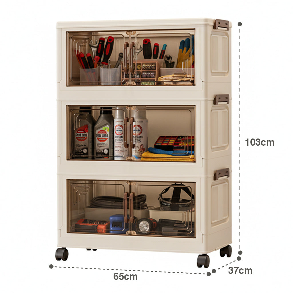 Caja plástica organizadora modular con apertura frontal tipo vitrina y cierre magnético.