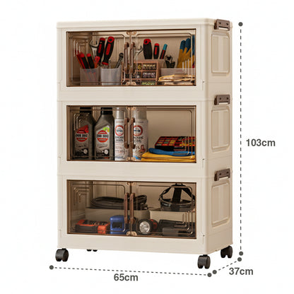 Caja plástica organizadora modular con apertura frontal tipo vitrina y cierre magnético.
